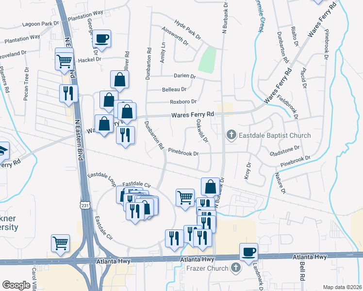map of restaurants, bars, coffee shops, grocery stores, and more near 327 Crest Hill Drive in Montgomery