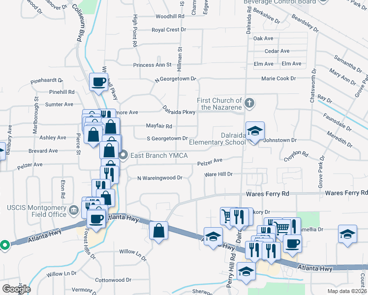 map of restaurants, bars, coffee shops, grocery stores, and more near 3620 South Georgetown Drive in Montgomery
