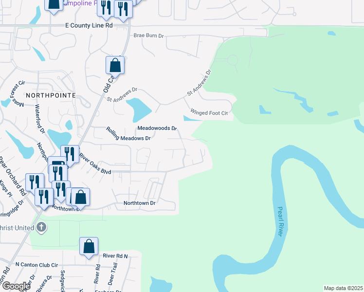 map of restaurants, bars, coffee shops, grocery stores, and more near 330 Meadowoods Drive in Jackson
