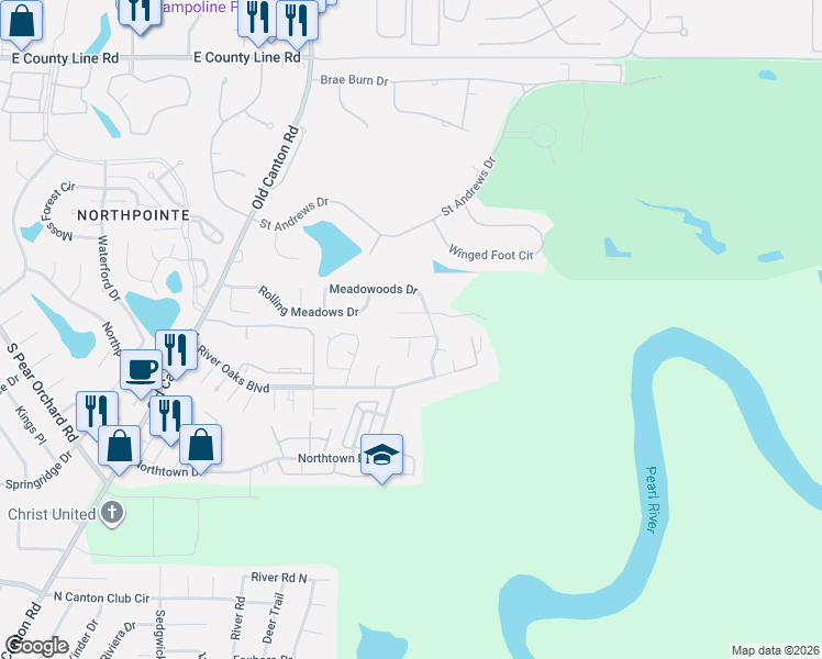 map of restaurants, bars, coffee shops, grocery stores, and more near 321 Meadow Creek Place in Jackson