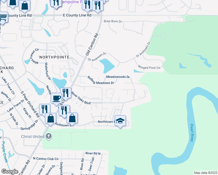 map of restaurants, bars, coffee shops, grocery stores, and more near 161 Rolling Meadows Drive in Jackson