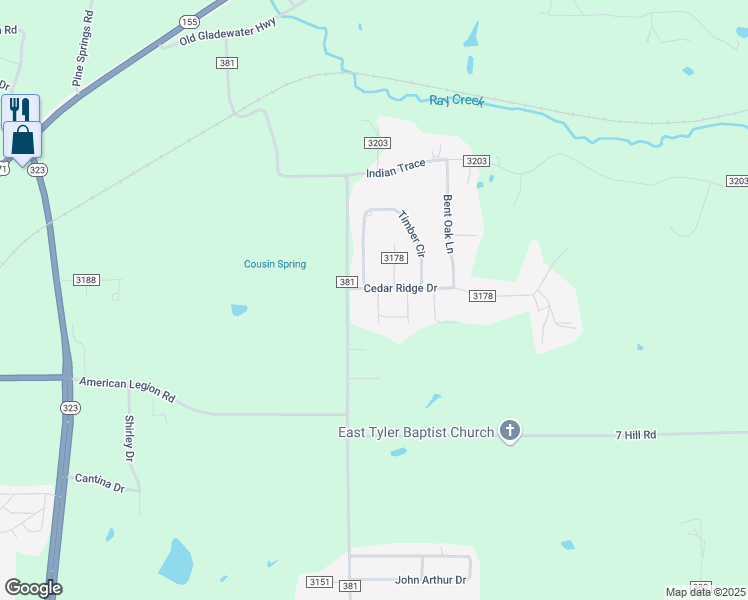 map of restaurants, bars, coffee shops, grocery stores, and more near 7188 Timber Circle in Tyler