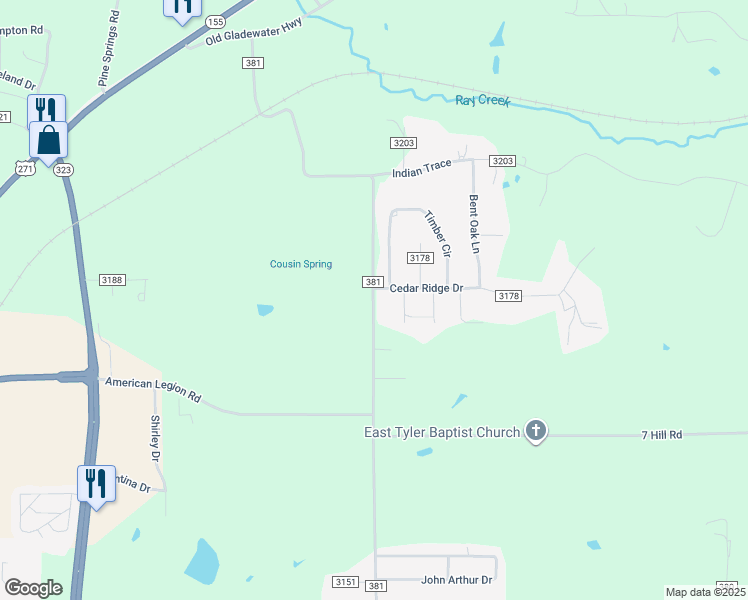 map of restaurants, bars, coffee shops, grocery stores, and more near 7476 Gallion Road in Tyler