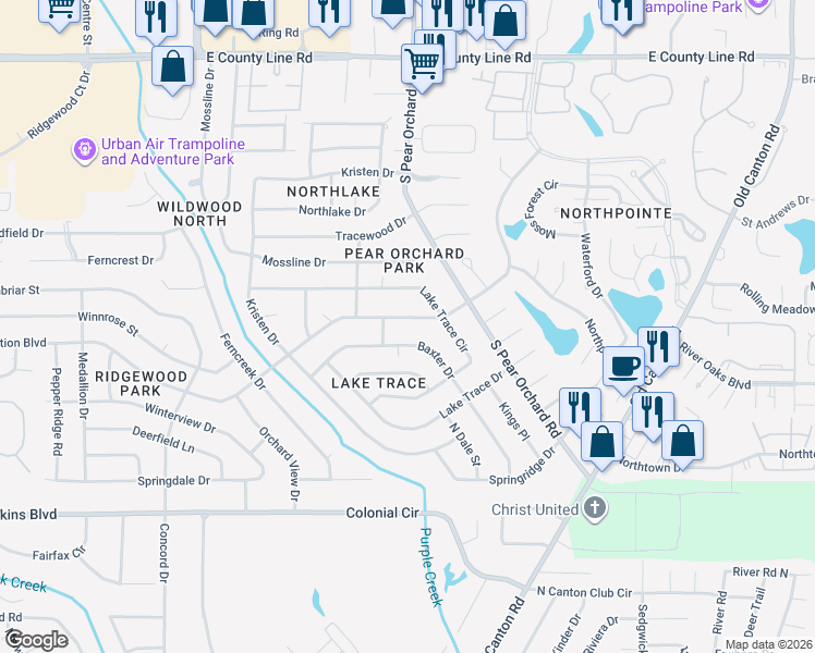 map of restaurants, bars, coffee shops, grocery stores, and more near 1634 Plantation Boulevard in Jackson