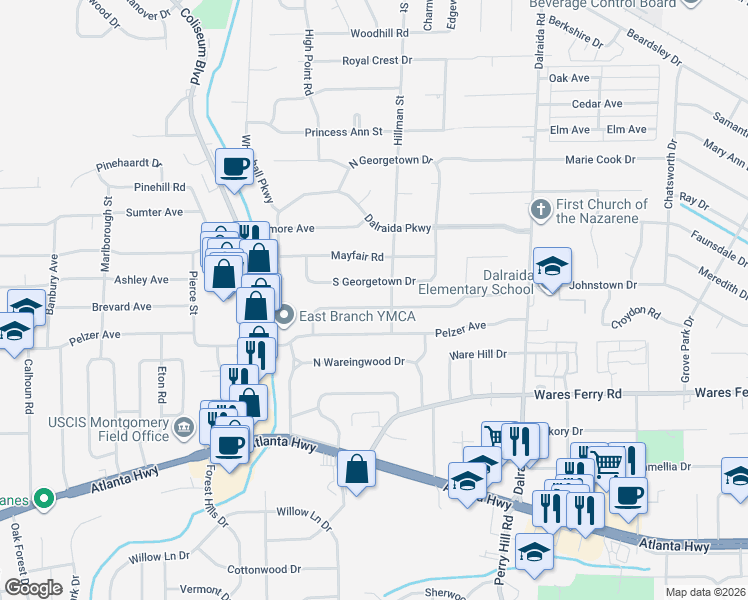 map of restaurants, bars, coffee shops, grocery stores, and more near 3590 South Georgetown Drive in Montgomery