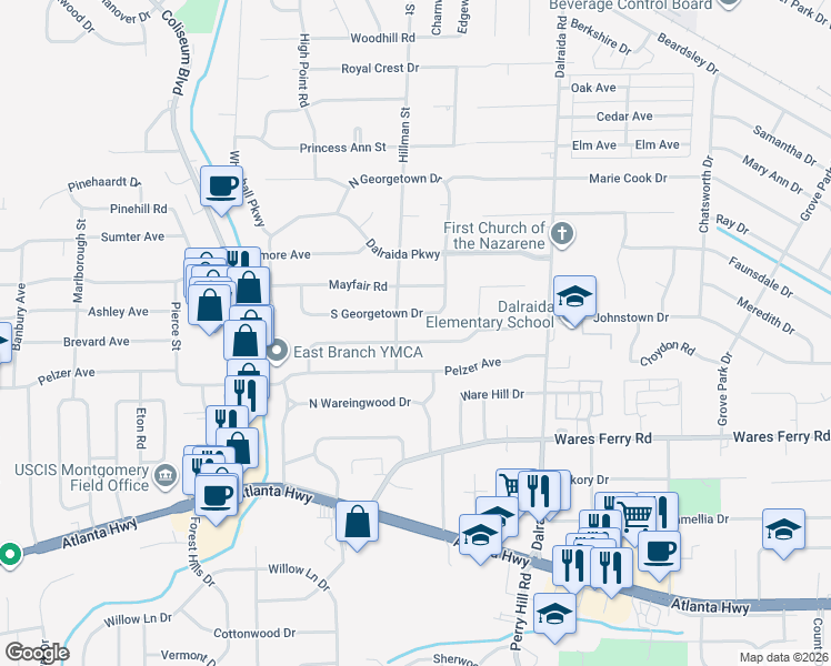 map of restaurants, bars, coffee shops, grocery stores, and more near 3620 South Georgetown Drive in Montgomery