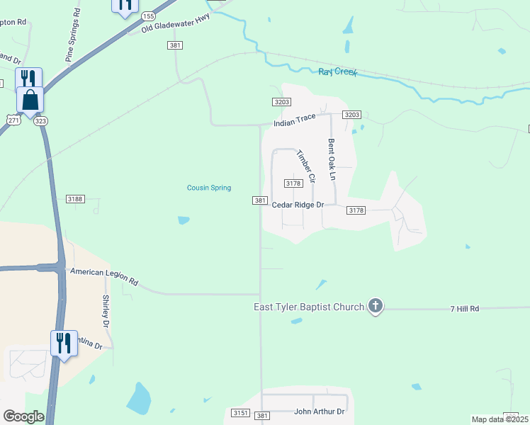 map of restaurants, bars, coffee shops, grocery stores, and more near 7188 Timber Circle in Tyler