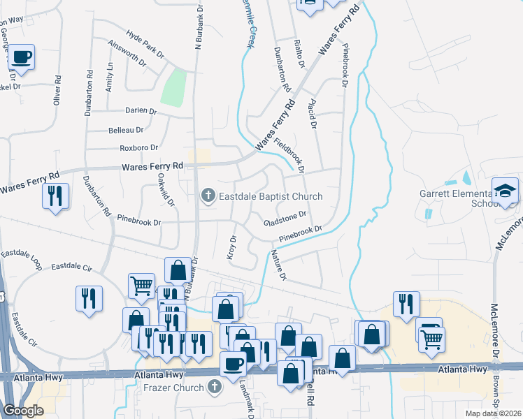 map of restaurants, bars, coffee shops, grocery stores, and more near 424 Mulligan Drive in Montgomery