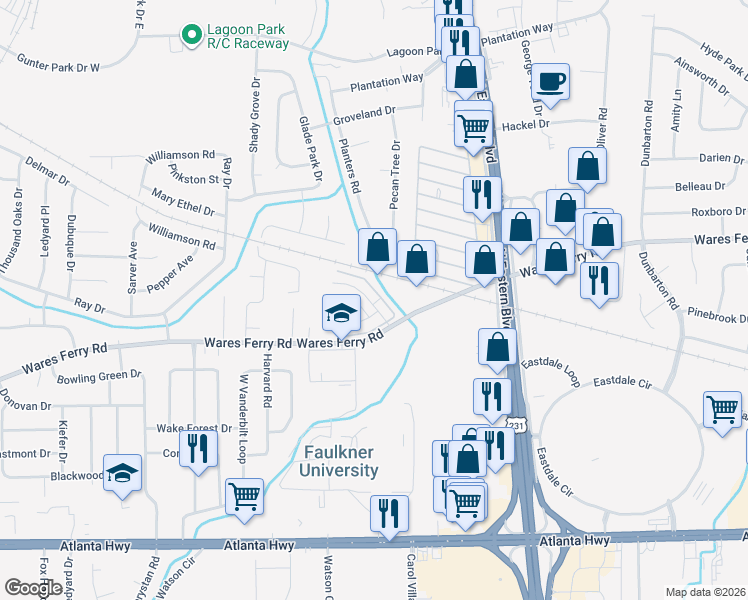 map of restaurants, bars, coffee shops, grocery stores, and more near 546 Hollow Wood Road in Montgomery