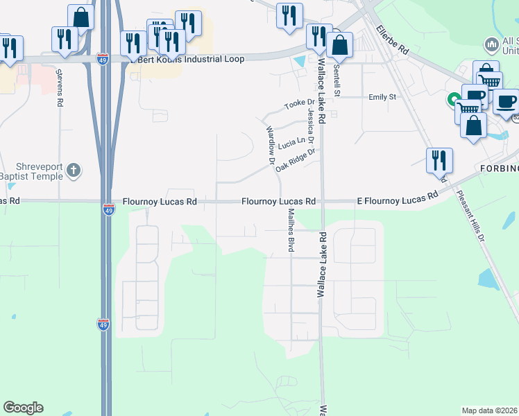 map of restaurants, bars, coffee shops, grocery stores, and more near 154 Flournoy Lucas Road in Shreveport