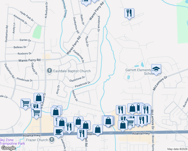 map of restaurants, bars, coffee shops, grocery stores, and more near 6331 Pinebrook Drive in Montgomery