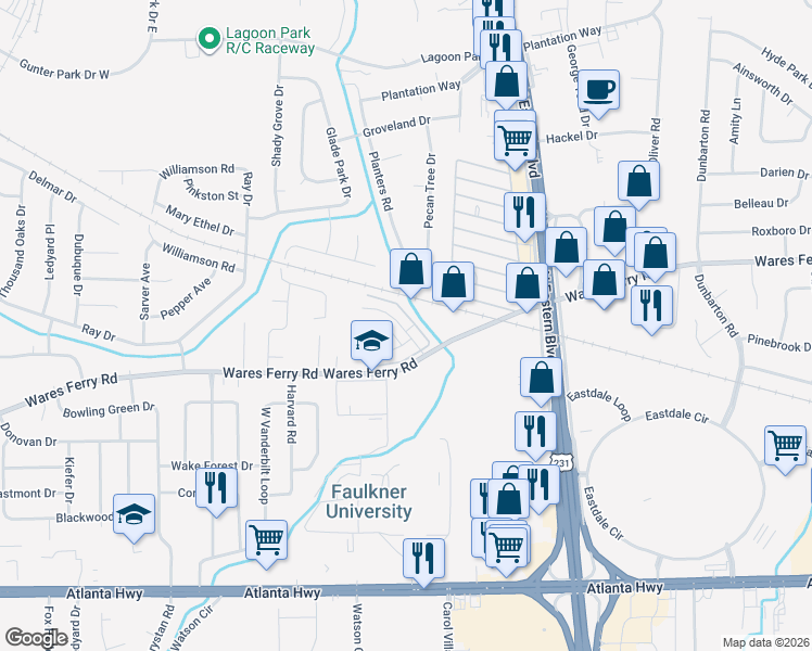 map of restaurants, bars, coffee shops, grocery stores, and more near 546 Hollow Wood Road in Montgomery