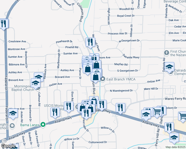 map of restaurants, bars, coffee shops, grocery stores, and more near 369-413 Coliseum Boulevard in Montgomery