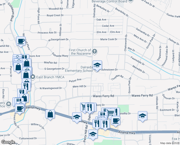 map of restaurants, bars, coffee shops, grocery stores, and more near 3764 Honeysuckle Road in Montgomery
