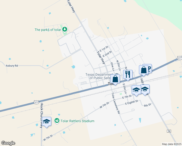 map of restaurants, bars, coffee shops, grocery stores, and more near 310 Cedar Lane in Tolar