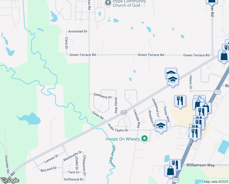map of restaurants, bars, coffee shops, grocery stores, and more near 3501 Baywood Drive in Shreveport