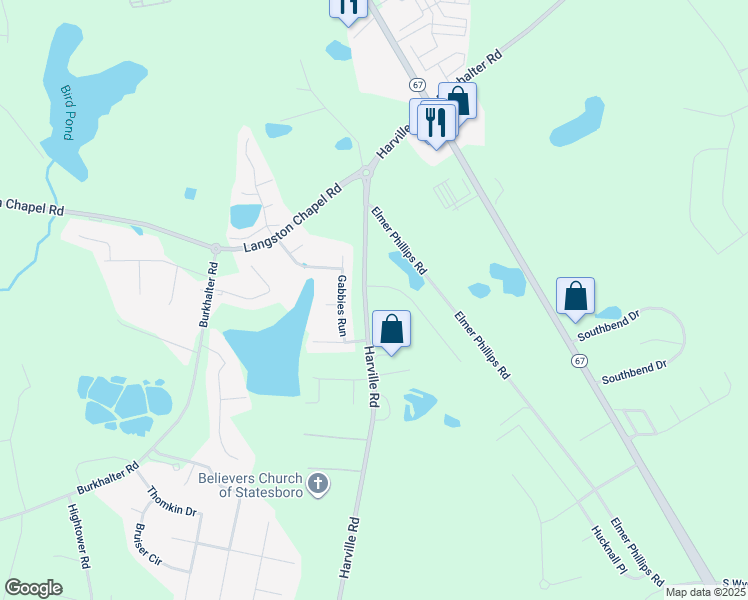 map of restaurants, bars, coffee shops, grocery stores, and more near 1600 Rebekah Road in Statesboro