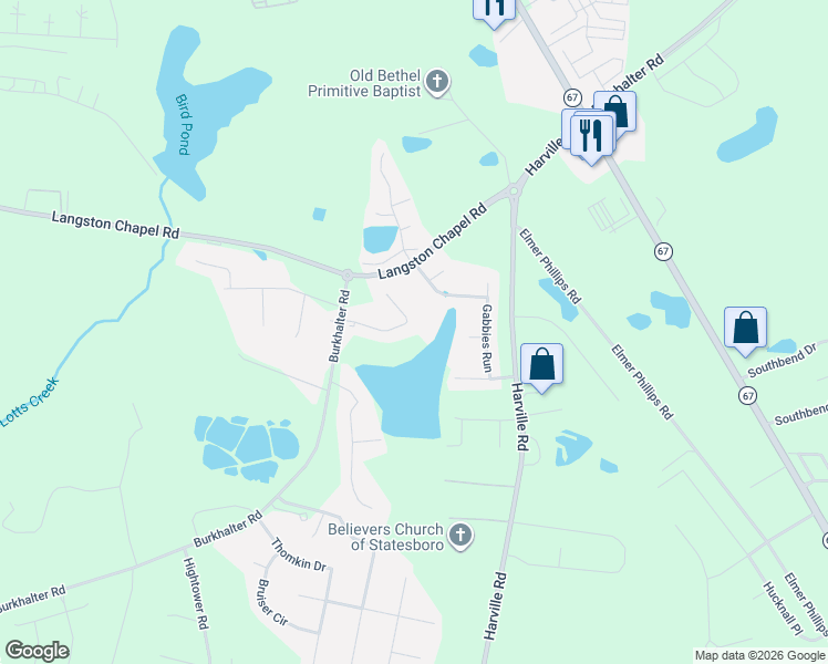 map of restaurants, bars, coffee shops, grocery stores, and more near 153 Herschel Drive in Statesboro
