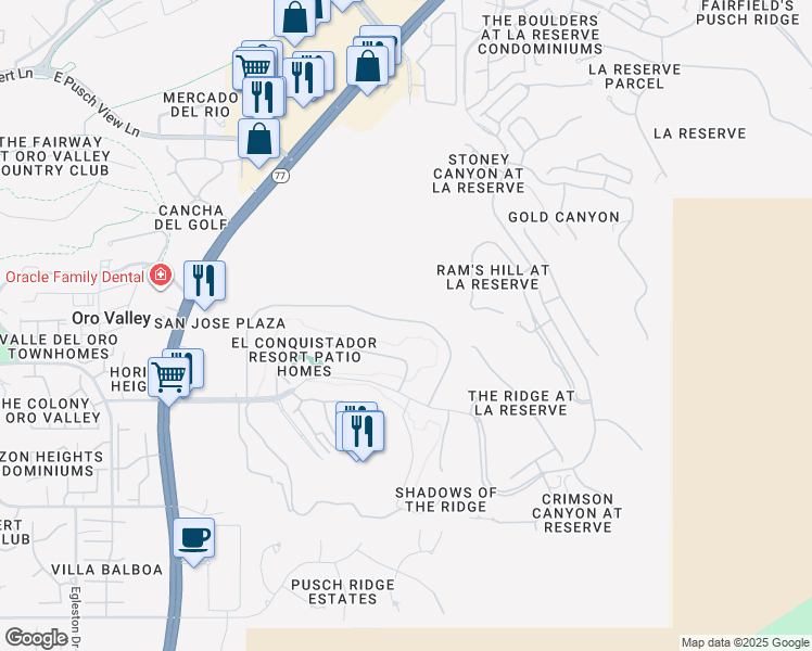 map of restaurants, bars, coffee shops, grocery stores, and more near 1135 Camino Diestro in Tucson