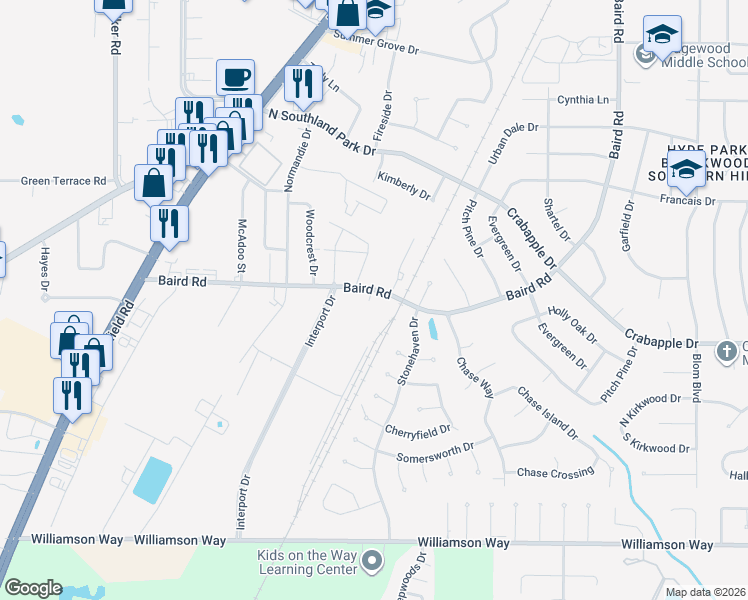 map of restaurants, bars, coffee shops, grocery stores, and more near 9705 Baird Road in Shreveport