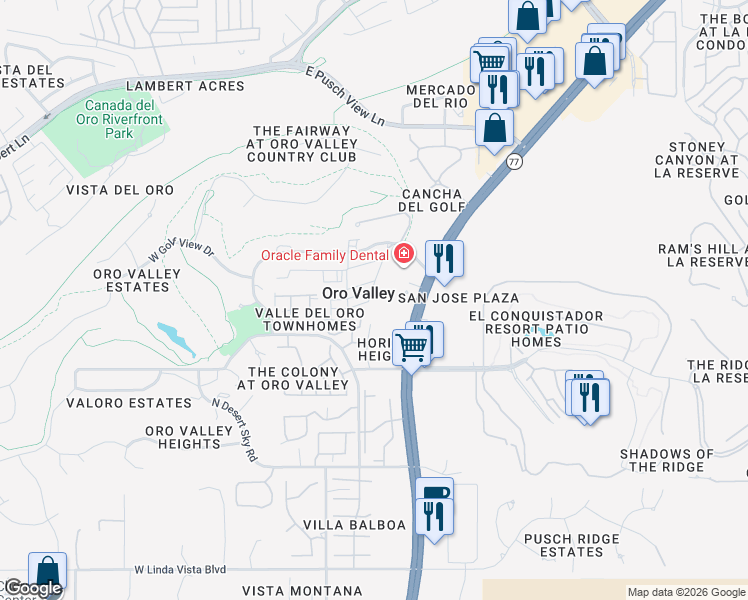 map of restaurants, bars, coffee shops, grocery stores, and more near 10136 North Valle Del Oro Drive in Tucson