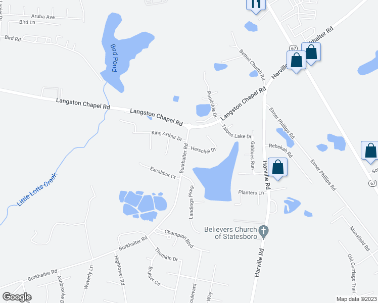 map of restaurants, bars, coffee shops, grocery stores, and more near 102 Herschel Drive in Statesboro
