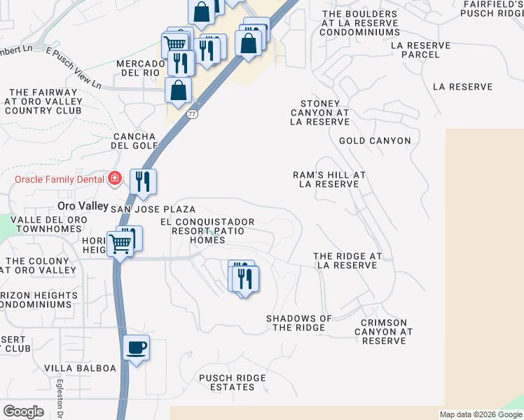 map of restaurants, bars, coffee shops, grocery stores, and more near 1135 Camino Diestro in Tucson