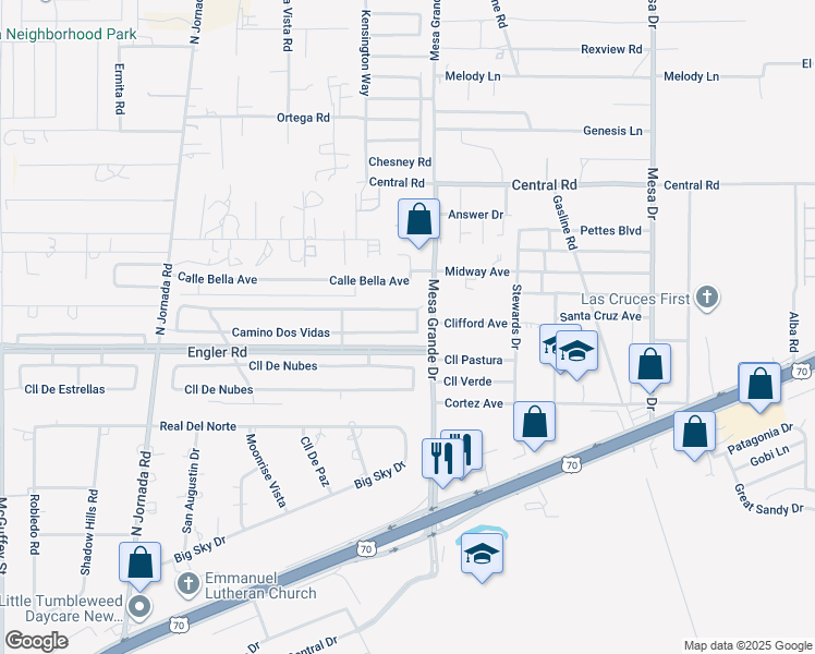 map of restaurants, bars, coffee shops, grocery stores, and more near 4703 Camino Dos Vidas in Las Cruces