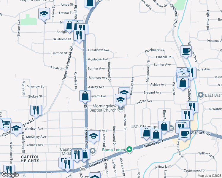 map of restaurants, bars, coffee shops, grocery stores, and more near 2796 Ashley Avenue in Montgomery