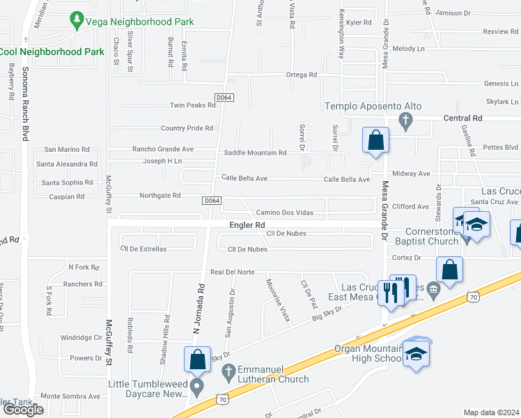 map of restaurants, bars, coffee shops, grocery stores, and more near 4877 Camino Dos Vidas in Las Cruces