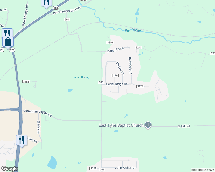 map of restaurants, bars, coffee shops, grocery stores, and more near 7188 Timber Circle in Tyler