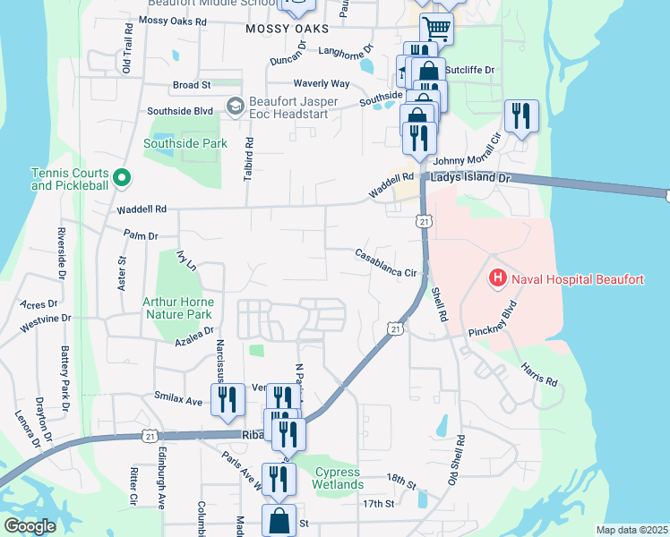 map of restaurants, bars, coffee shops, grocery stores, and more near 2411 Casablanca Circle in Port Royal