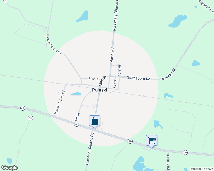 map of restaurants, bars, coffee shops, grocery stores, and more near 121 East Railroad Street in Pulaski