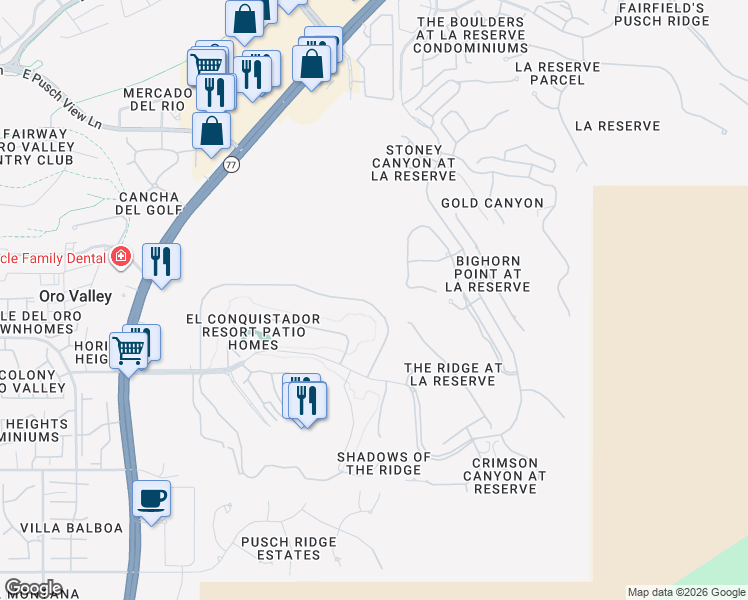 map of restaurants, bars, coffee shops, grocery stores, and more near 1205 Camino Diestro in Oro Valley