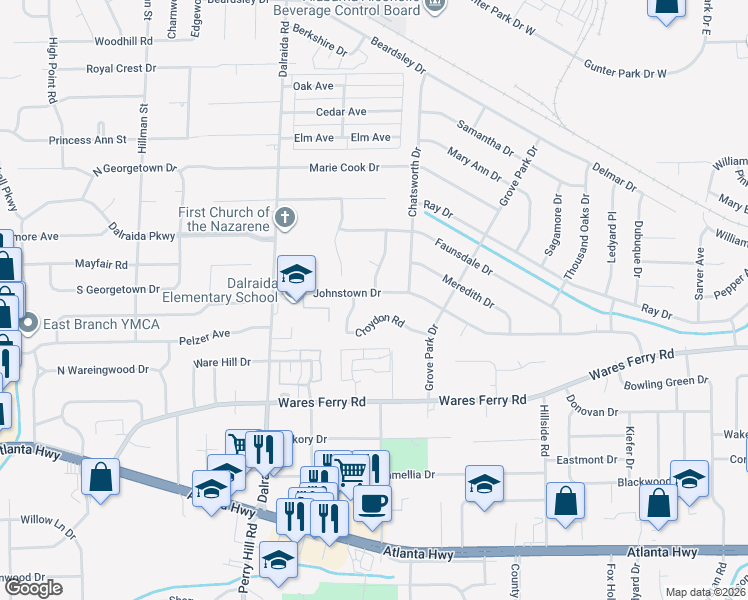 map of restaurants, bars, coffee shops, grocery stores, and more near 3914 Johnstown Dr in Montgomery