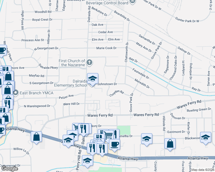map of restaurants, bars, coffee shops, grocery stores, and more near 3886 Johnstown Drive in Montgomery