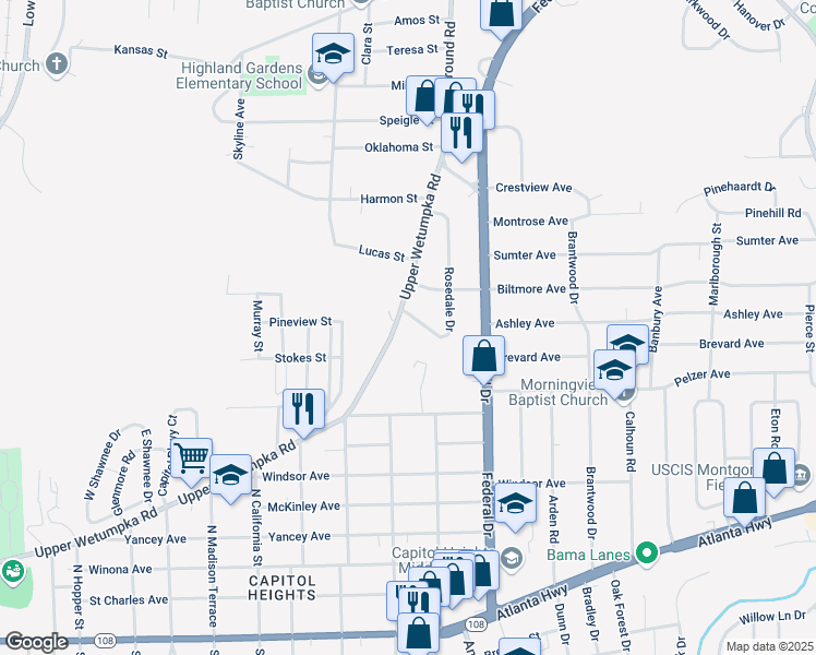 map of restaurants, bars, coffee shops, grocery stores, and more near 1008 Rosedale Drive in Montgomery
