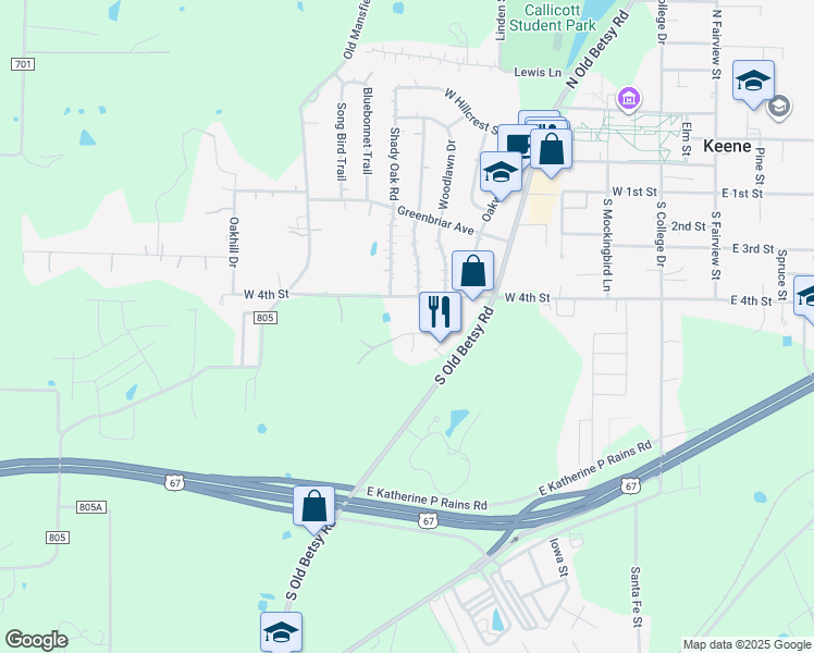 map of restaurants, bars, coffee shops, grocery stores, and more near 802 John Thomas Drive in Keene