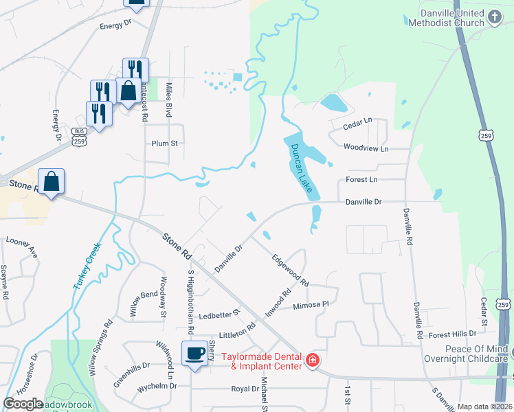 map of restaurants, bars, coffee shops, grocery stores, and more near 3223 Danville Drive in Kilgore