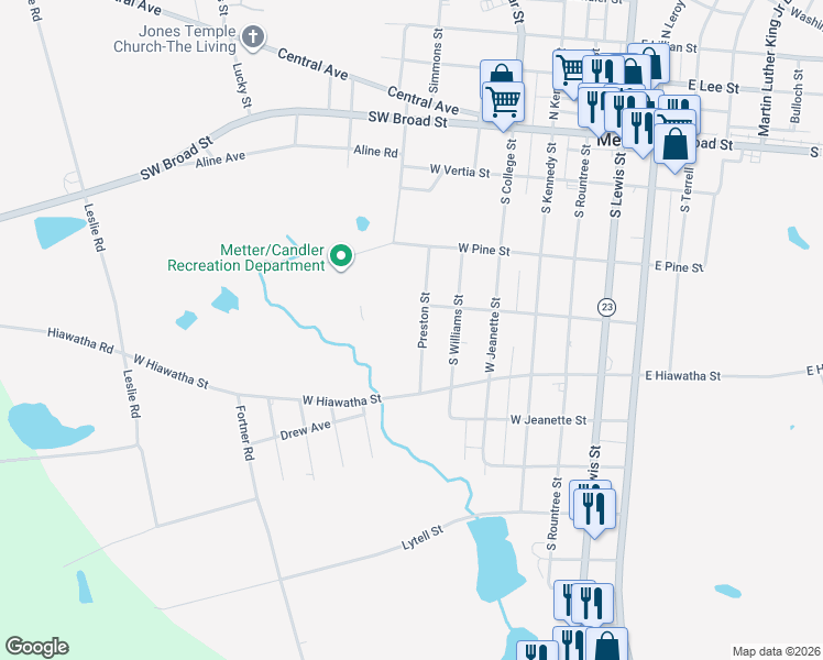 map of restaurants, bars, coffee shops, grocery stores, and more near 420 Preston Street in Metter