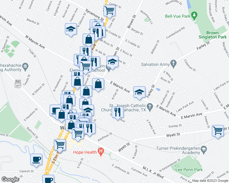 map of restaurants, bars, coffee shops, grocery stores, and more near 413 North Flat Street in Waxahachie