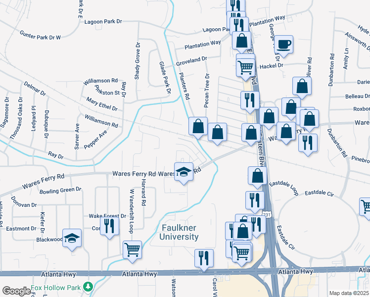 map of restaurants, bars, coffee shops, grocery stores, and more near 545 Hollow Wood Road in Montgomery