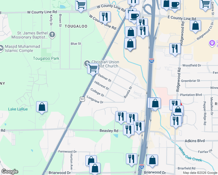 map of restaurants, bars, coffee shops, grocery stores, and more near 172 Hillcrest Street in Jackson