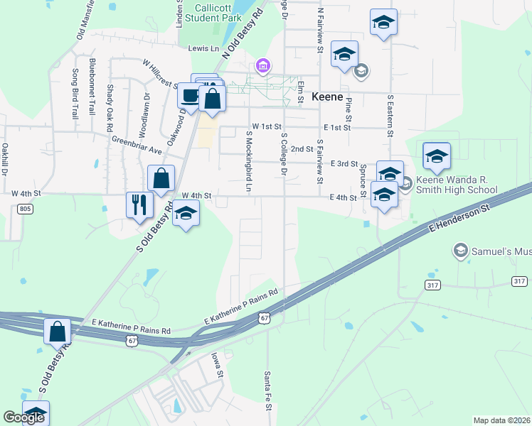 map of restaurants, bars, coffee shops, grocery stores, and more near 406 South College Drive in Keene