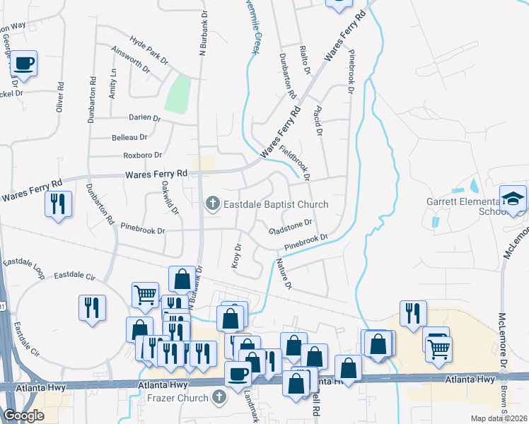 map of restaurants, bars, coffee shops, grocery stores, and more near 424 Mulligan Drive in Montgomery