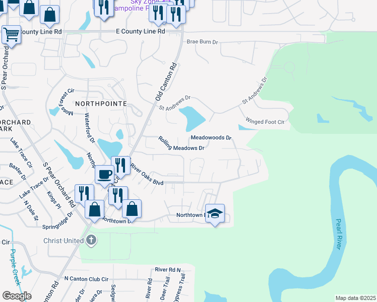 map of restaurants, bars, coffee shops, grocery stores, and more near 161 Rolling Meadows Drive in Jackson