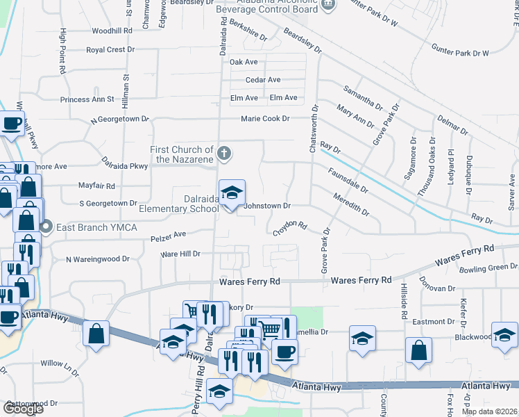 map of restaurants, bars, coffee shops, grocery stores, and more near 3886 Johnstown Drive in Montgomery