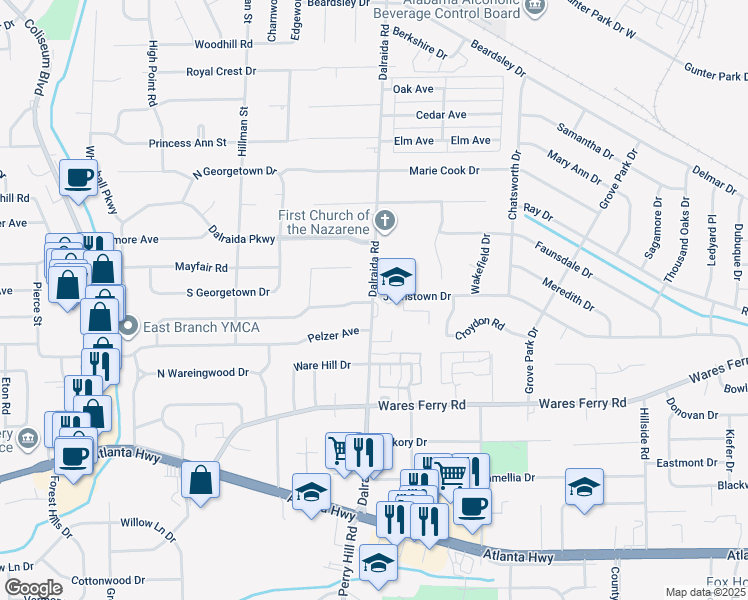 map of restaurants, bars, coffee shops, grocery stores, and more near 503 Dalraida Road in Montgomery
