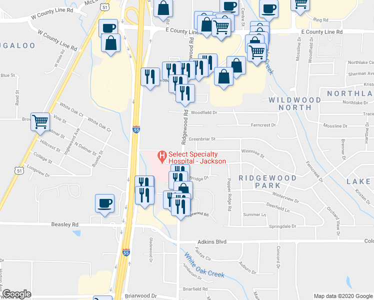 map of restaurants, bars, coffee shops, grocery stores, and more near 1119 Winnrose Street in Jackson
