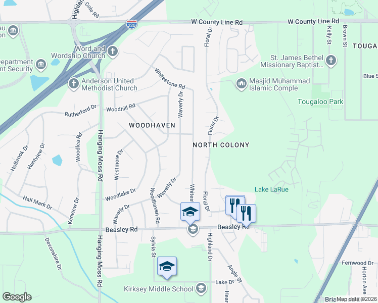 map of restaurants, bars, coffee shops, grocery stores, and more near 6076 Waverly Drive in Jackson